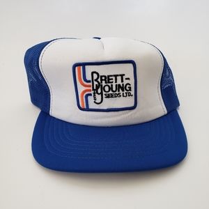 VINTAGE Retro 80s Blue White Agriculture Spellout Snap Back Trucker Hat Mesh Cap